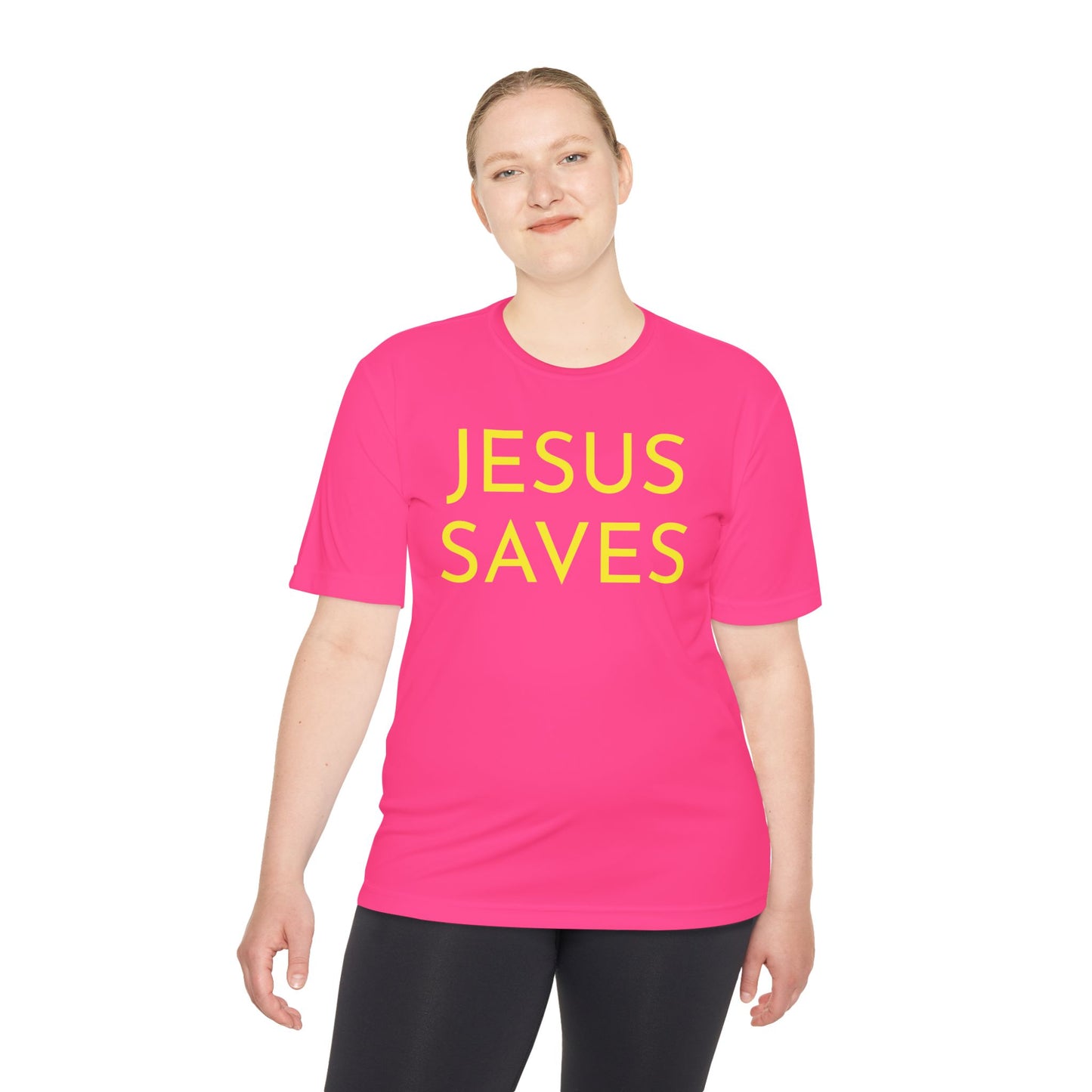 Unisex Jesus Saves Performance Shirt — Yellow Text