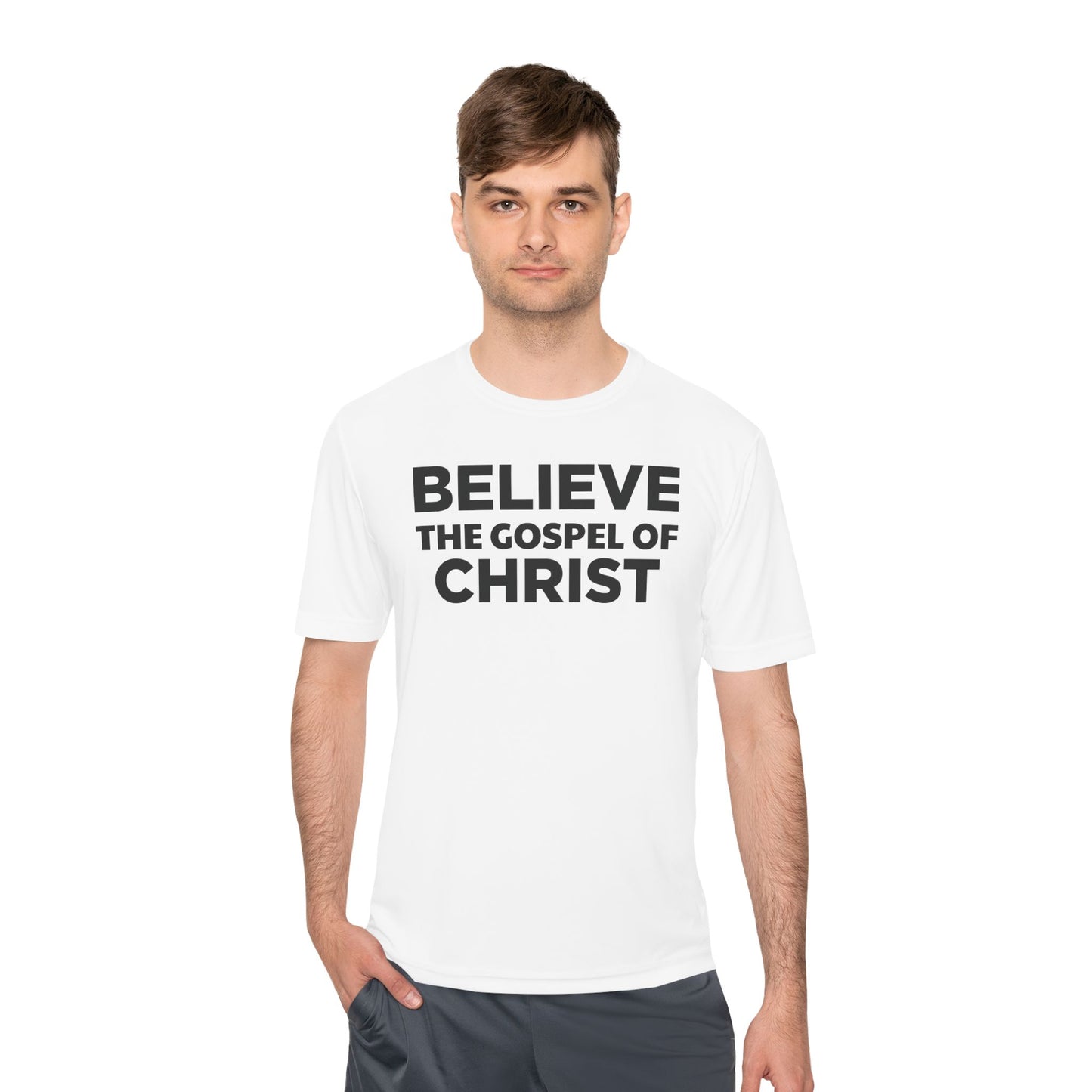 NO QR CODE Believe the Gospel of Christ Performance Shirt