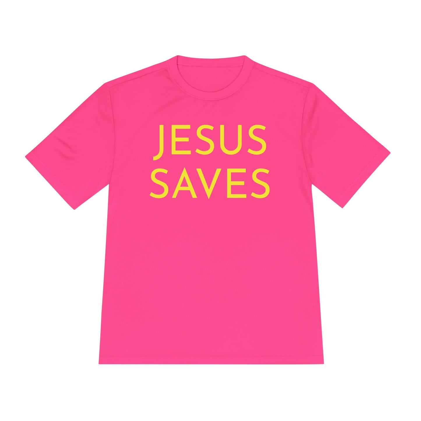 Unisex Jesus Saves Performance Shirt — Yellow Text