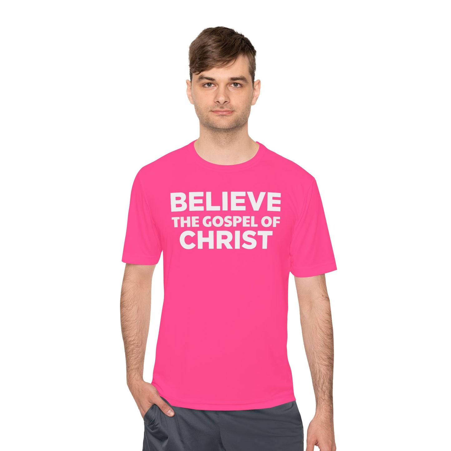 NO QR CODE Believe the Gospel of Christ Performance Shirt