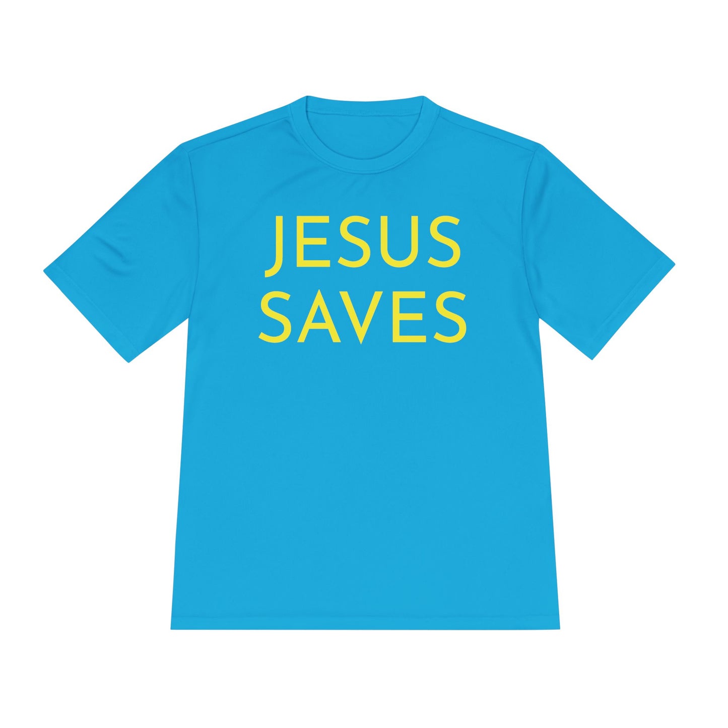 Unisex Jesus Saves Performance Shirt — Yellow Text