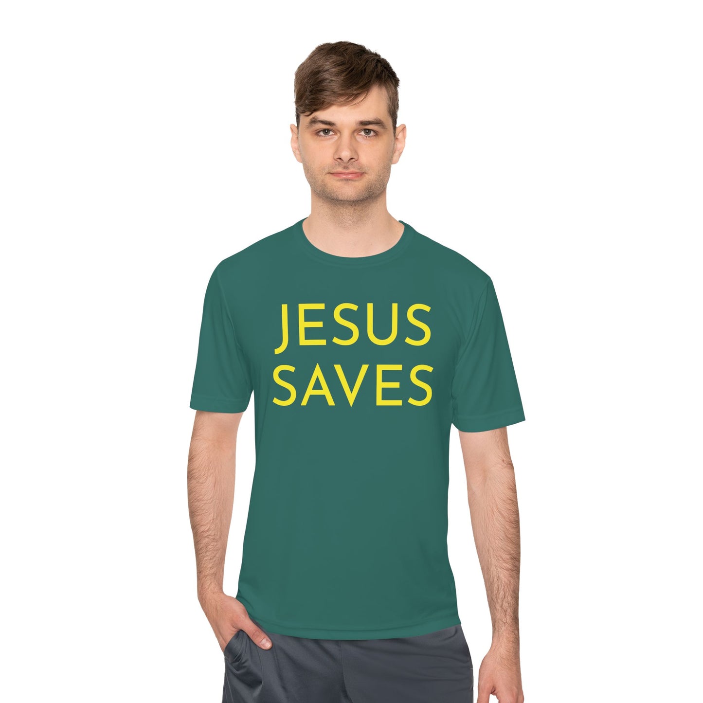 Unisex Jesus Saves Performance Shirt — Yellow Text