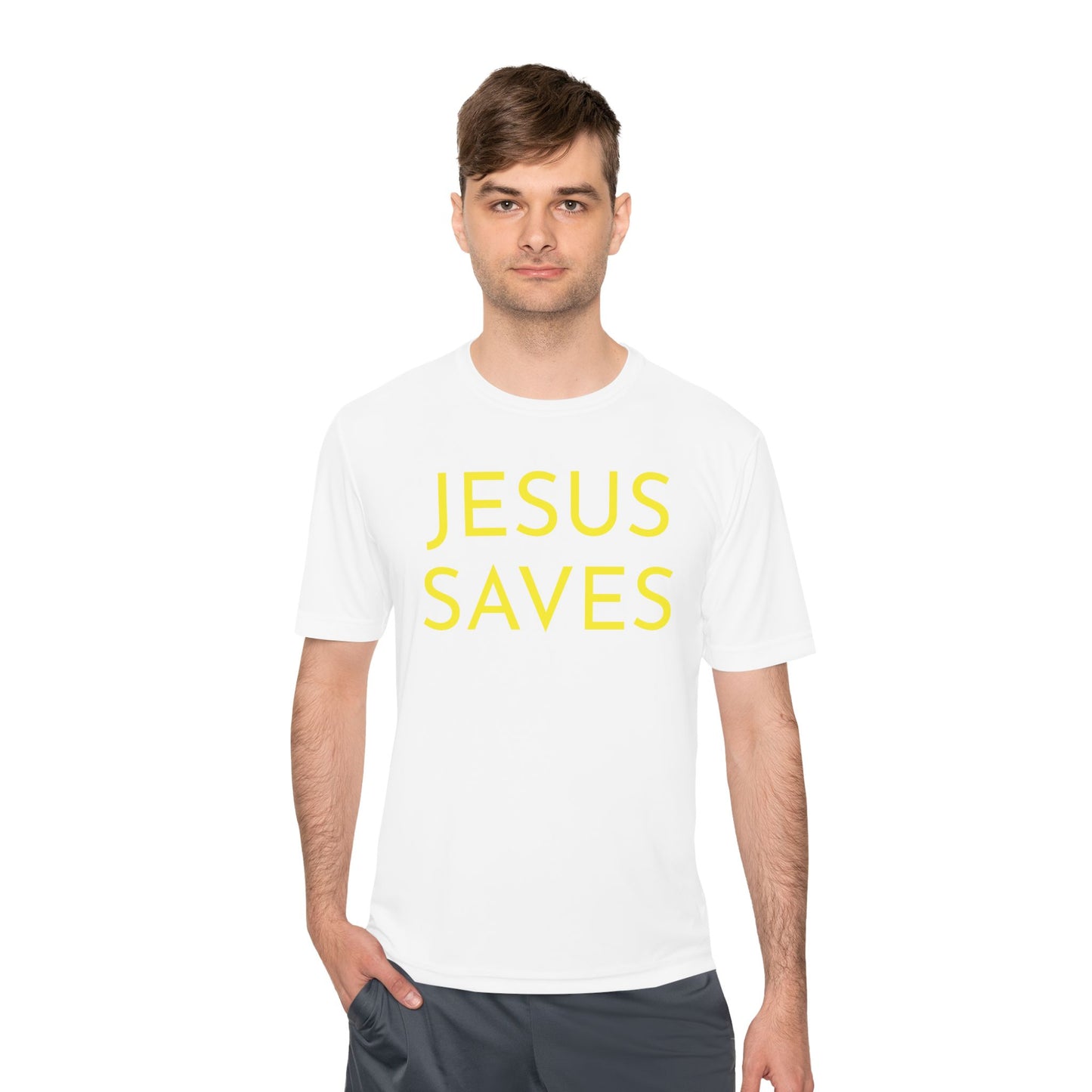 Unisex Jesus Saves Performance Shirt — Yellow Text