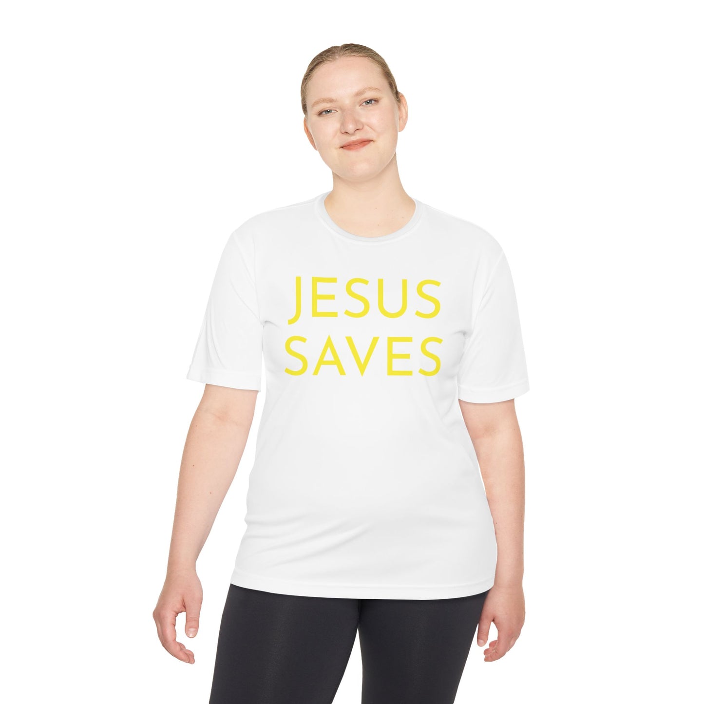 Unisex Jesus Saves Performance Shirt — Yellow Text