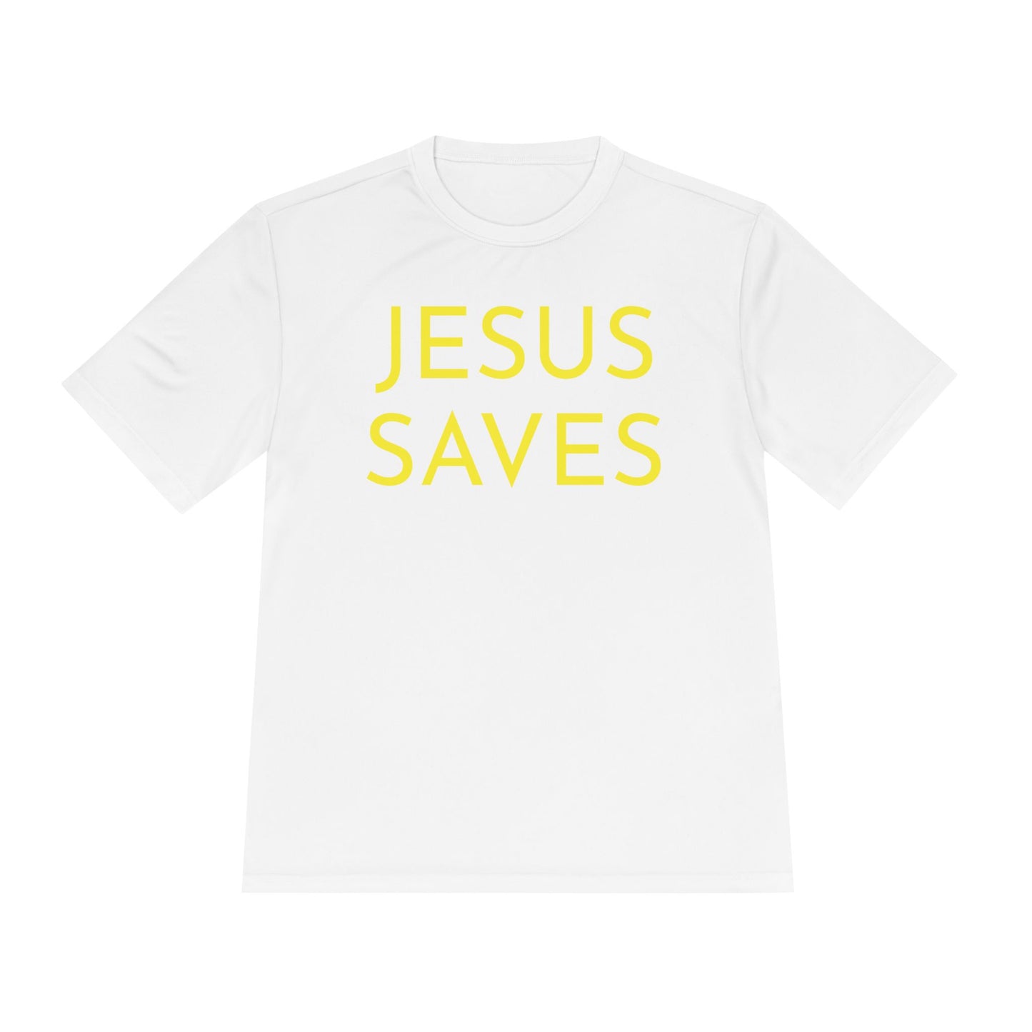 Unisex Jesus Saves Performance Shirt — Yellow Text