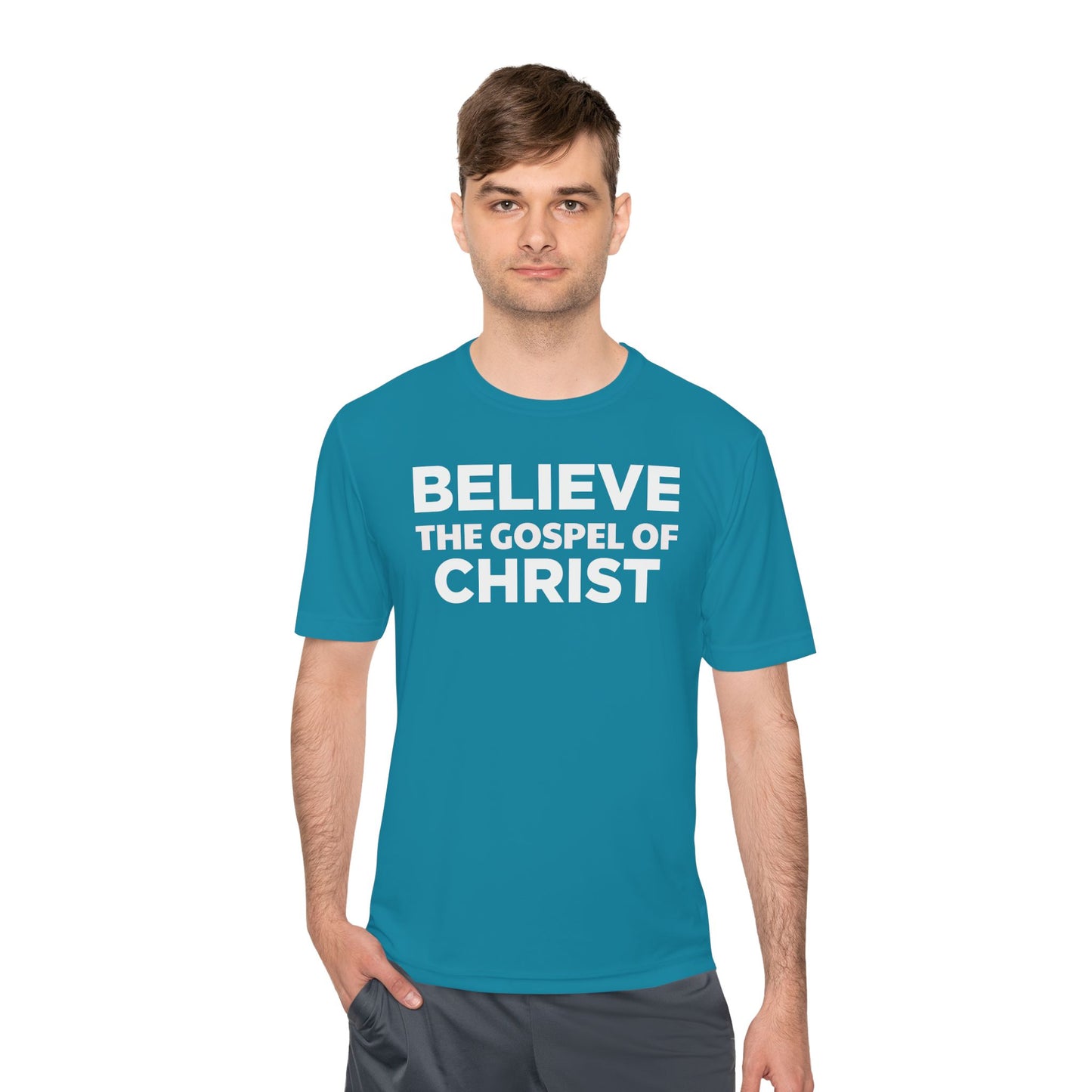 NO QR CODE Believe the Gospel of Christ Performance Shirt
