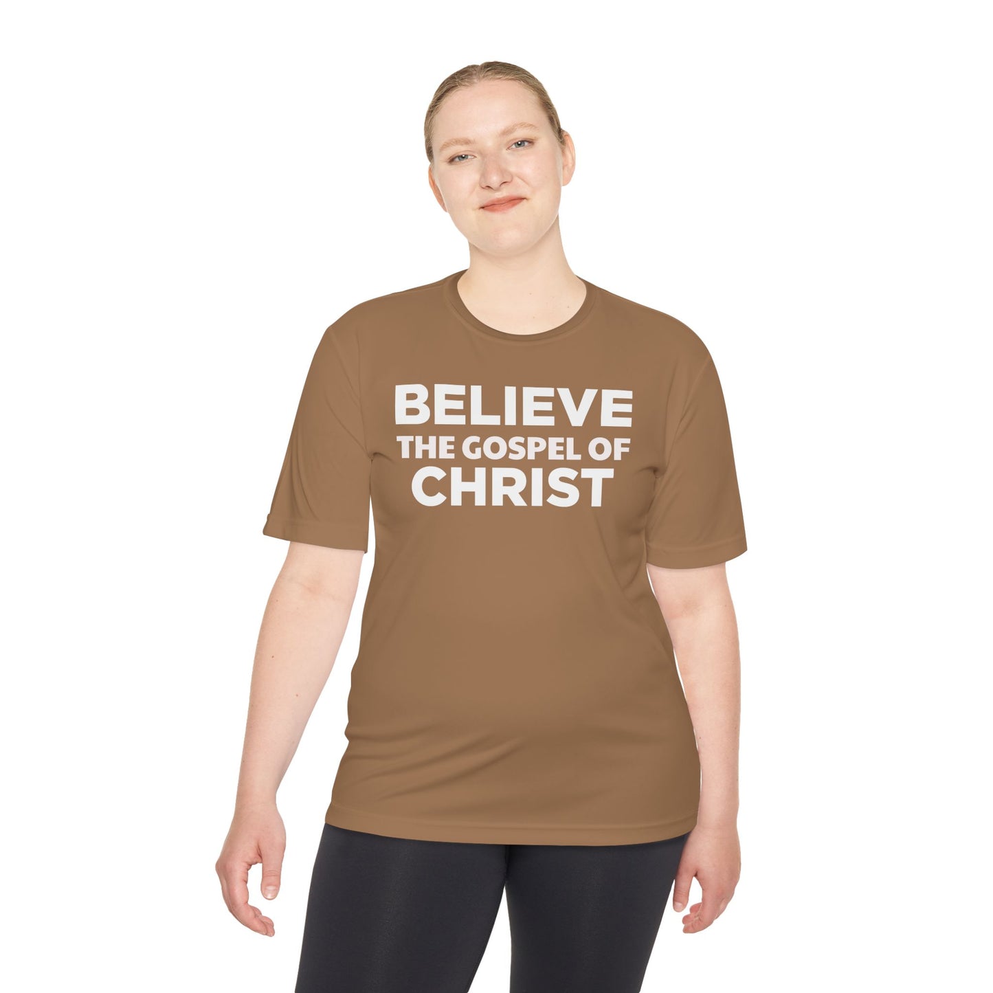 NO QR CODE Believe the Gospel of Christ Performance Shirt