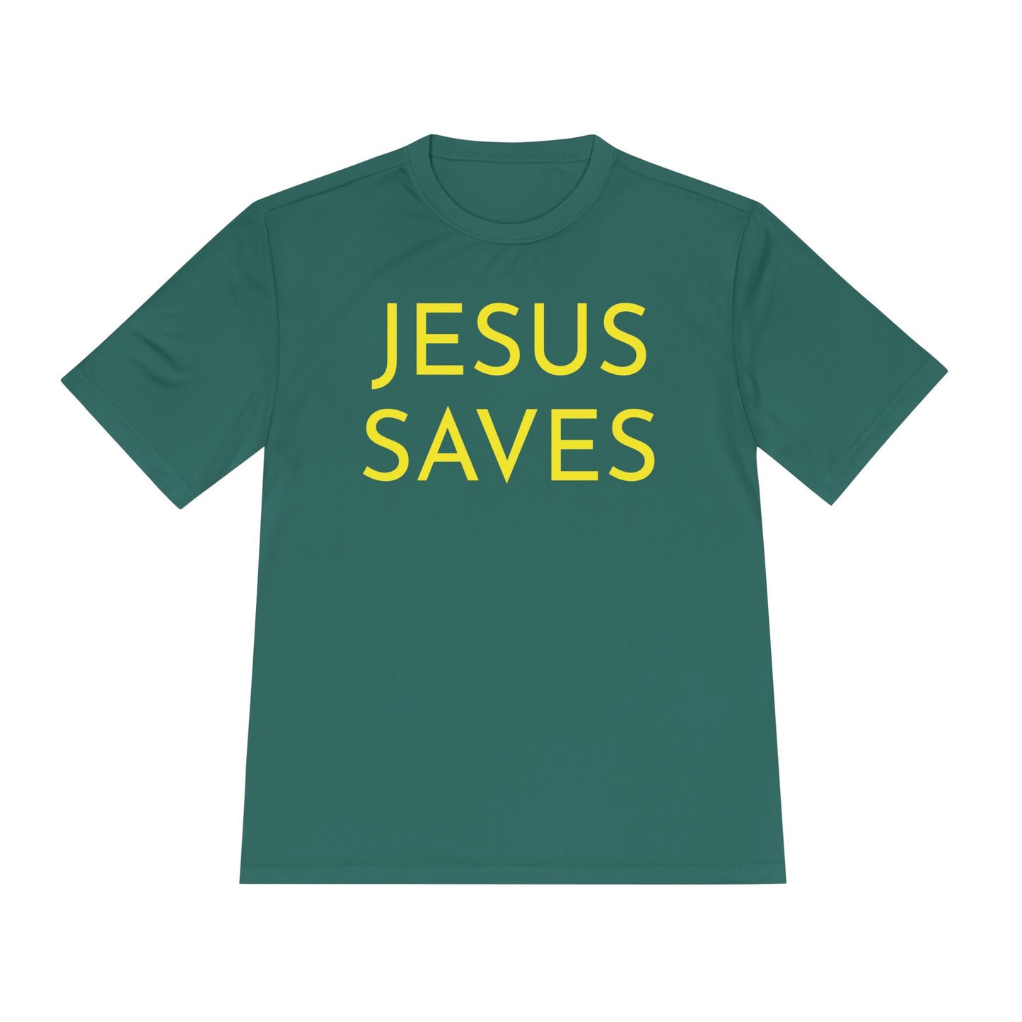 Unisex Jesus Saves Performance Shirt — Yellow Text