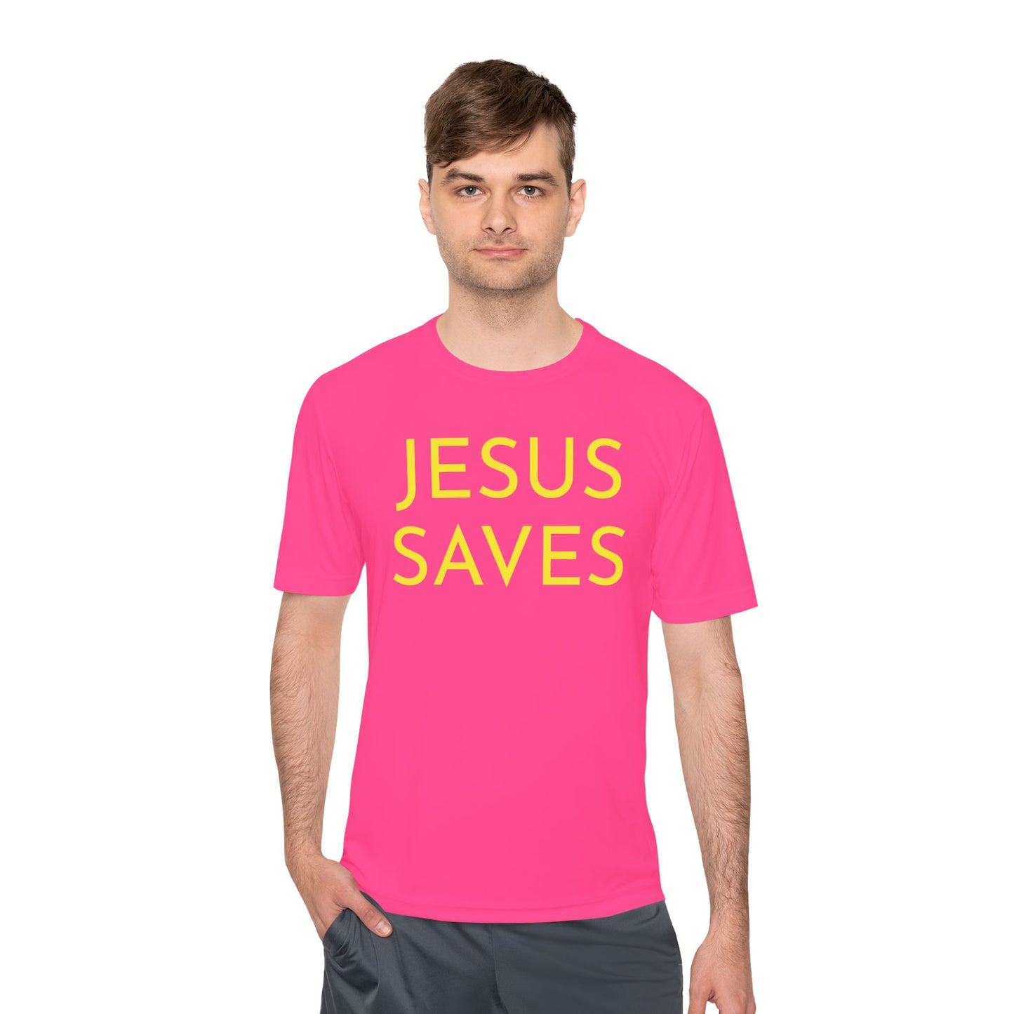 Unisex Jesus Saves Performance Shirt — Yellow Text