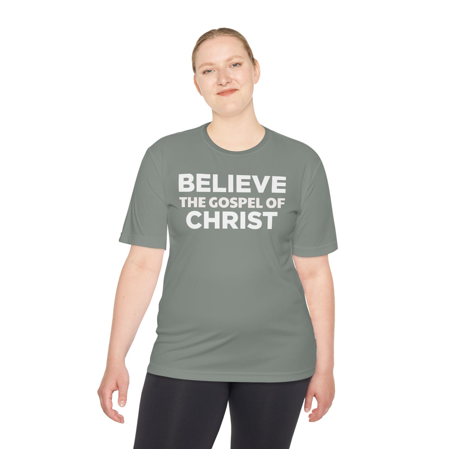 NO QR CODE Believe the Gospel of Christ Performance Shirt