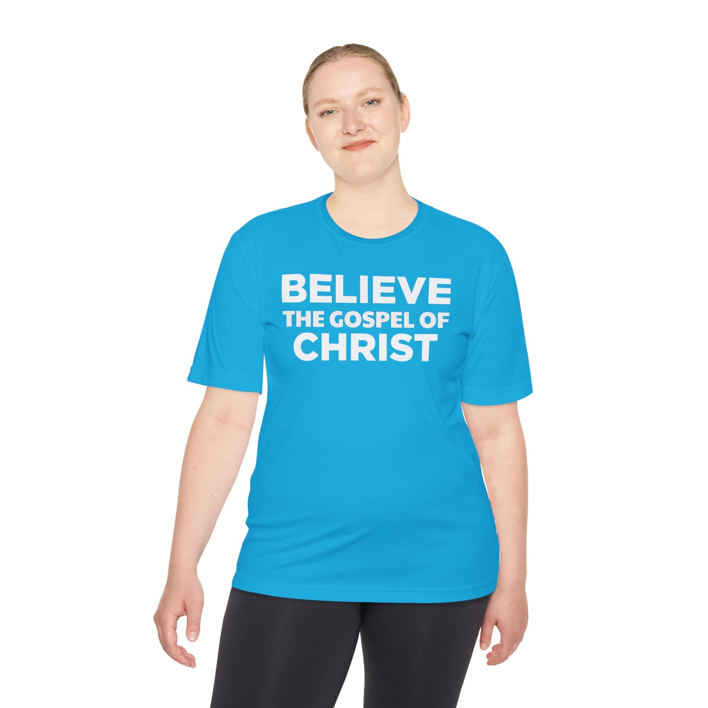 NO QR CODE Believe the Gospel of Christ Performance Shirt