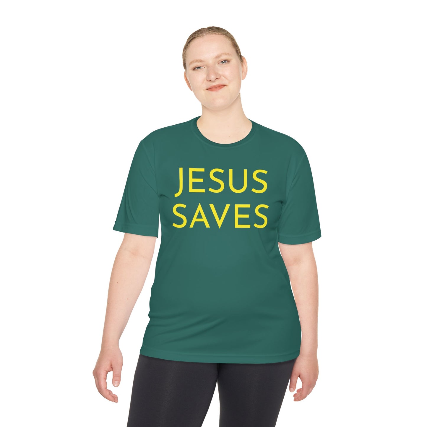 Unisex Jesus Saves Performance Shirt — Yellow Text