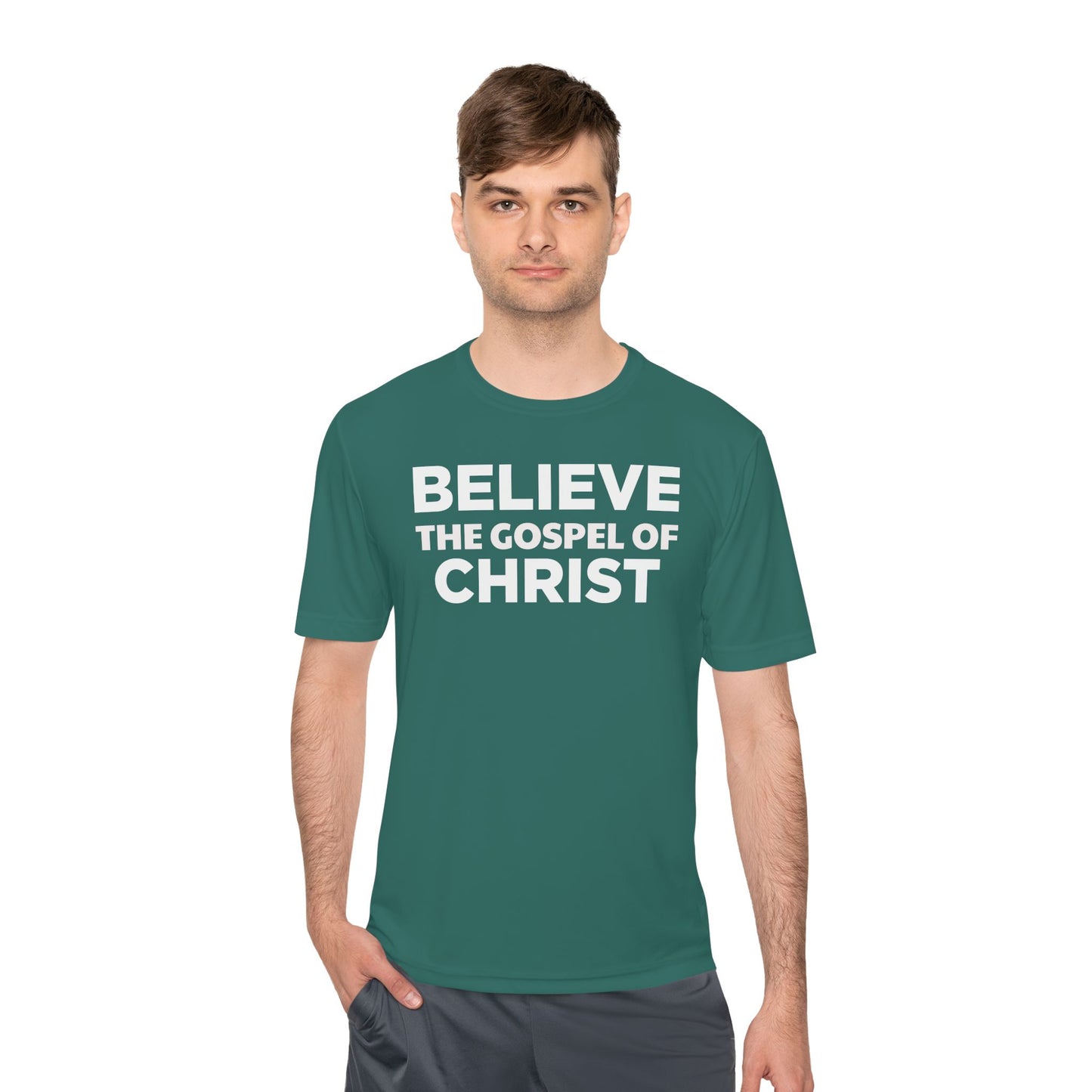 NO QR CODE Believe the Gospel of Christ Performance Shirt
