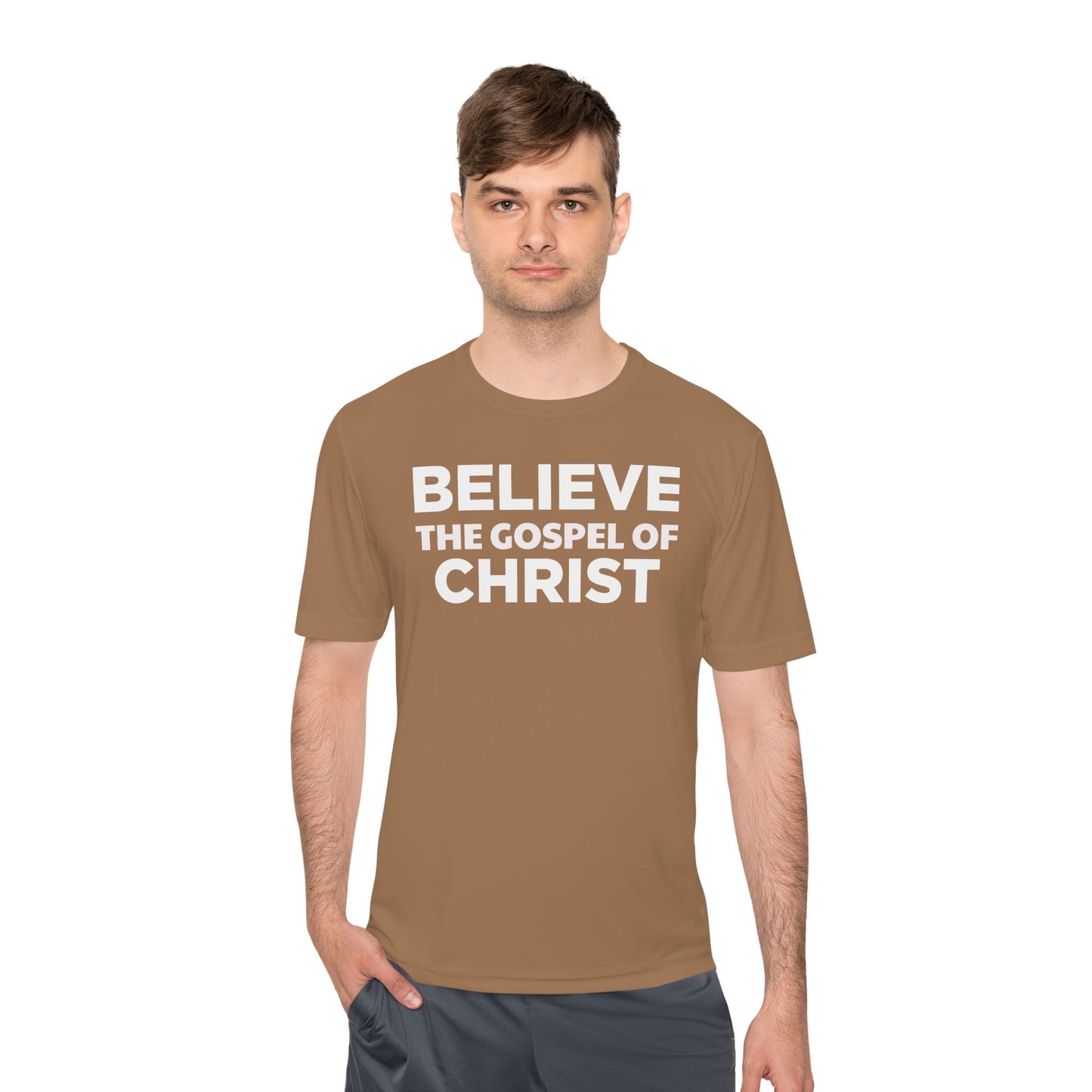 NO QR CODE Believe the Gospel of Christ Performance Shirt