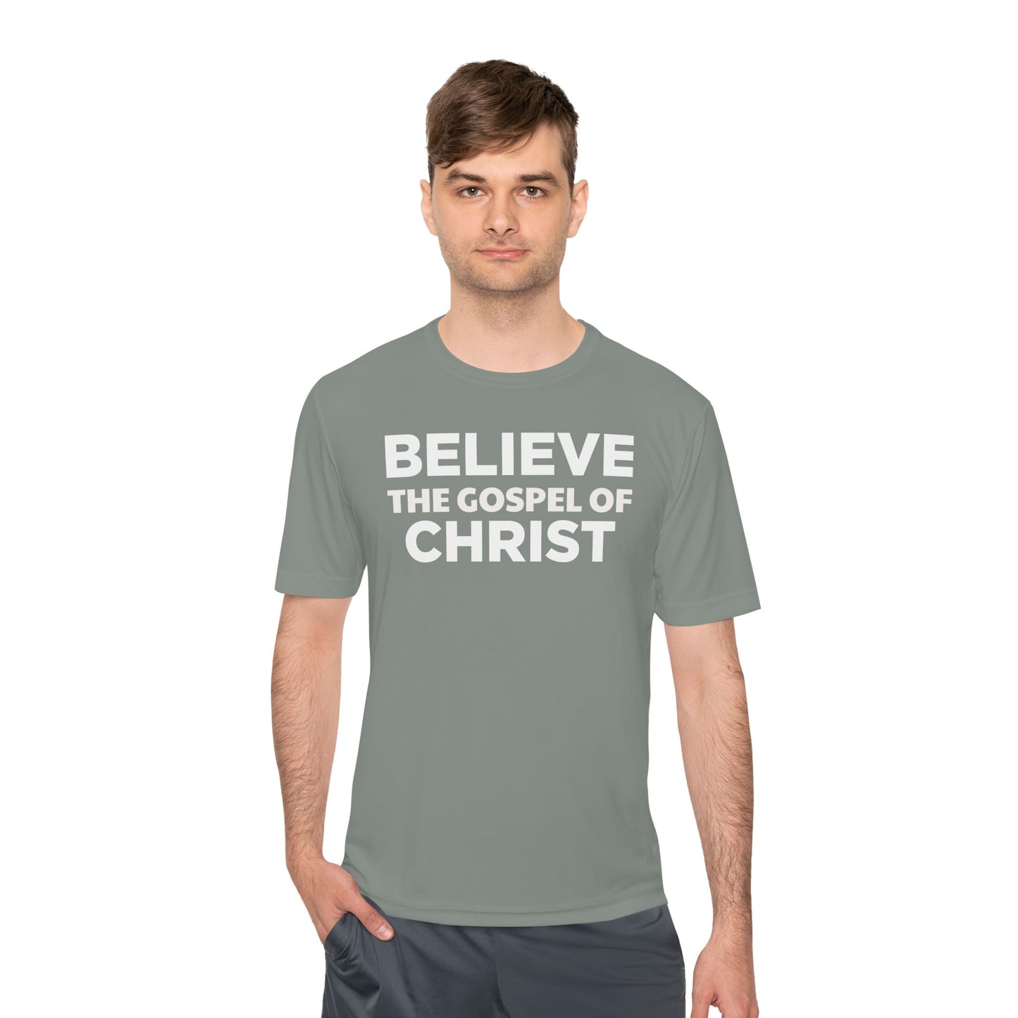 NO QR CODE Believe the Gospel of Christ Performance Shirt