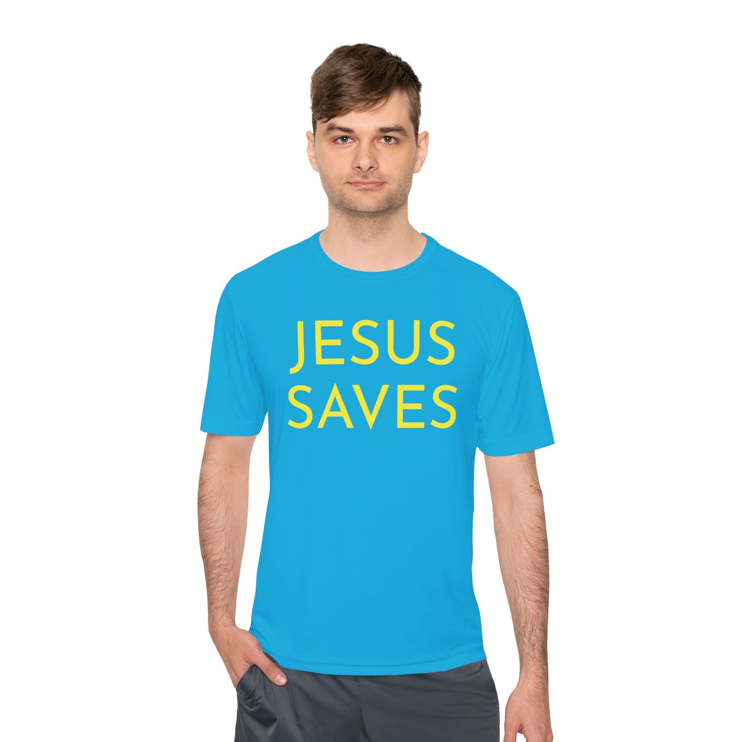 Unisex Jesus Saves Performance Shirt — Yellow Text